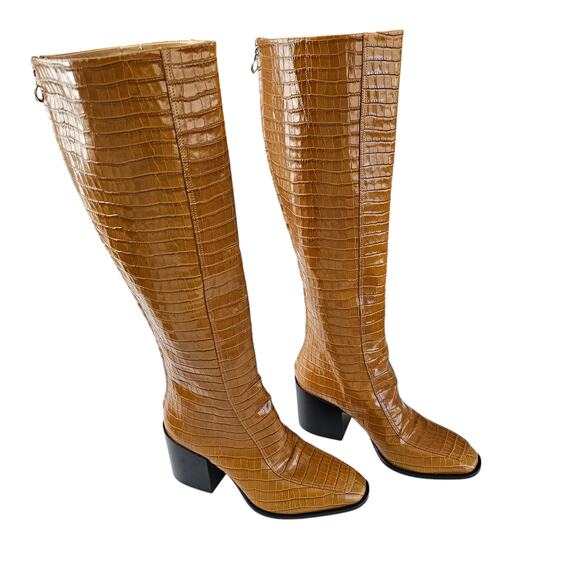 Aeyde Charlie Croc Embossed Knee High Heel Boot Size 36 US 6 Brown Leather Zip - Picture 1 of 9